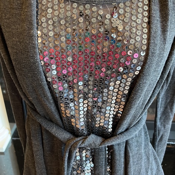Sequin Top Tank Knit Long Sleeve Belted Charcoal Gray Womens Medium Tie Belt - Picture 10 of 16